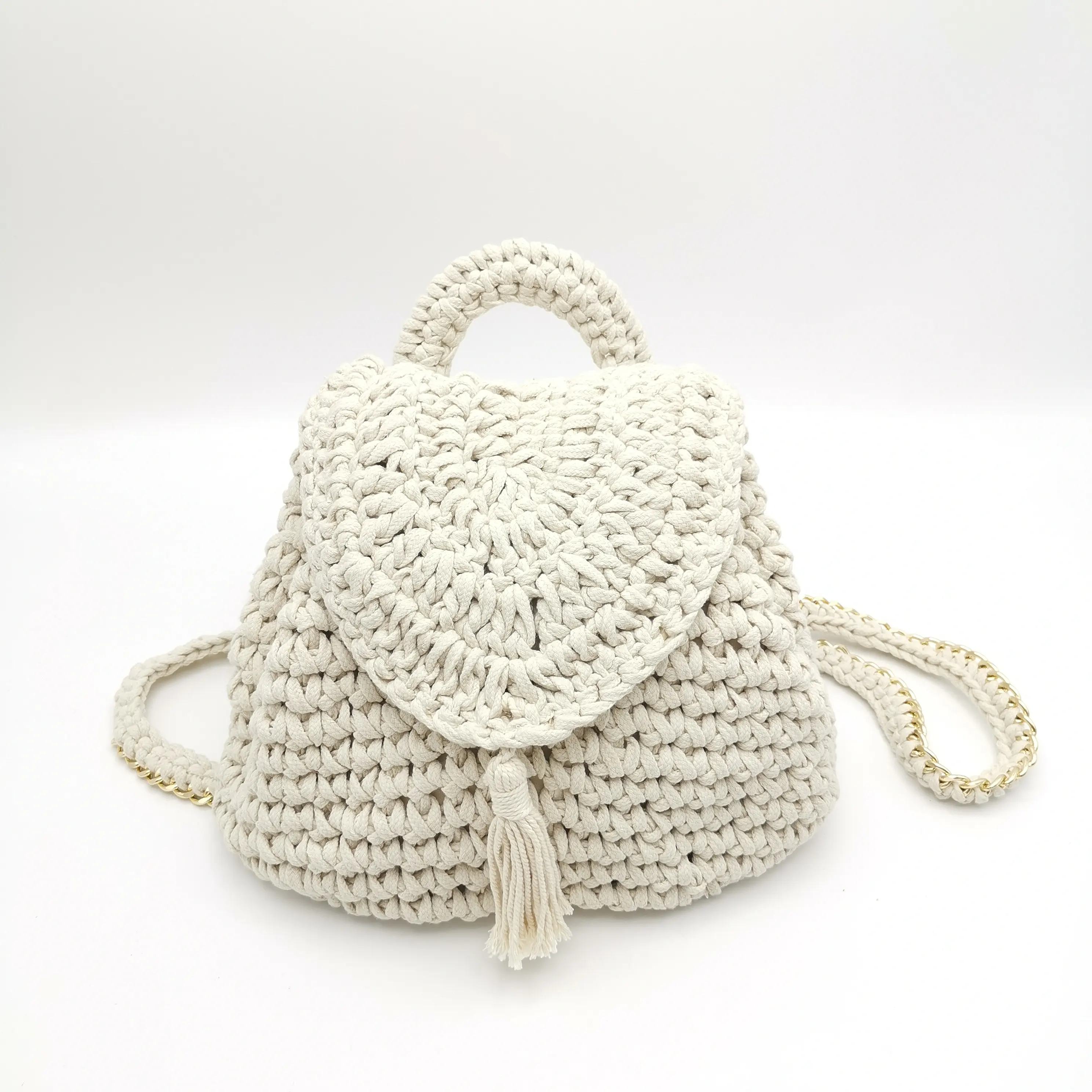 handwoven cotton rope beach backpack crochet straw shoulder bag hand crochet flap drawstring handbag