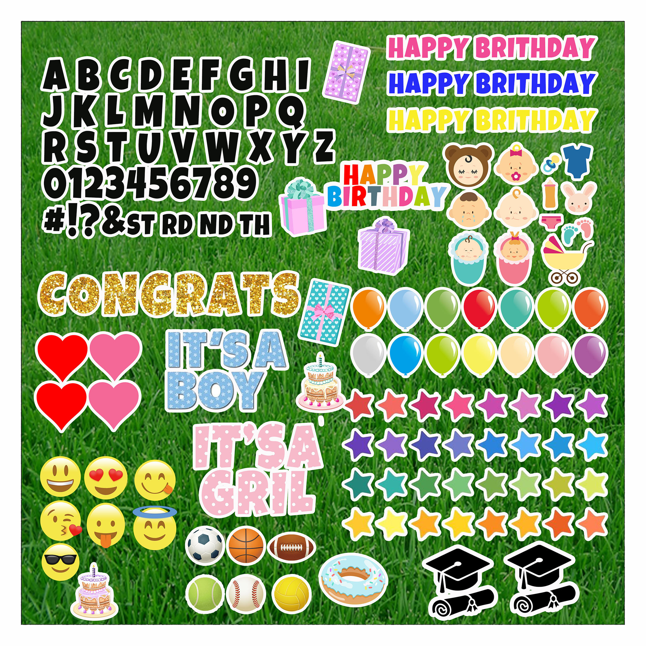 Декоративные буквы ко дню рождения, ярдовые знаки, пучки из гофрированного пластика с колпачком