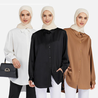 Großhandel Dubai Abaya Muslim Frauen Kleid Tunika Tops Langarm Casual Modest Satin Seiden hemden Muslim Blusen