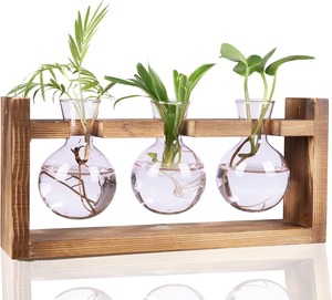 Vase en verre hydroponique moderne en forme de cœur, support de plante en bois, cadre en bois créatif, petit vase hydroponique - Product Image 1