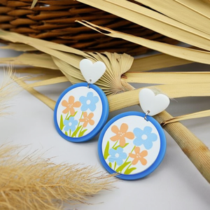 Pendientes redondos florales con forma de corazón azul, naranja y blanco, de resina acrílica para mujer, bonito juego de regalo, 12 unidades - Product Image 3
