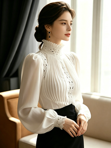Blusa Elegante Blanca de Cuello Alto para Mujer, Estilo Casual para Oficina, Color Sólido, Manga Larga - Product Image 2