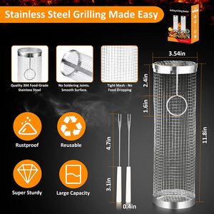 Garden Supplies 2 Pcs Stainless Steel Grill Basket Cylinder BBQ <b>Smoking</b> Accessories Round Rolling Rack Grilling Wire Mesh Basket - Product Image 3