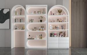 Vitrina <span class=keywords><strong>blanca</strong></span> de madera <span class=keywords><strong>MDF</strong></span> con luz LED para tienda, diseño OEM con tamaño, armario de exhibición de perfume cosmético - Product Image 6