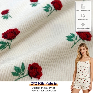 Échantillon gratuit côtelé 96% Viscose 4% Stretch personnalisé <span class=keywords><strong>Rose</strong></span> imprimé numérique 270gsm tricot 2*2 tissu côtelé pour vêtements de détente hauts - Product Image 1