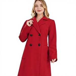 Women's <b>Red</b> <b>Wool</b> Long Trench Coat Double Breasted Notched Collar Full Sleeve Elegant Winter Outerwear Keep Warm Solid Color - Product Image 1