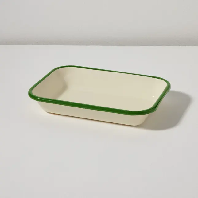 Oem Fabriek Novelty Nordic Stijl Custom Logo Gietijzeren Metalen Geëmailleerd Pie Dish Enamelware Schotel Huishoudartikelen