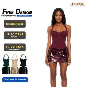 Ensemble de soirée deux pièces A&J pour femme, comprenant un bustier à col licou, bonnets moulés et baleinés, et une mini-jupe à sequins, couleur bordeaux, GRS, logo personnalisé, ODM - Product Image 1
