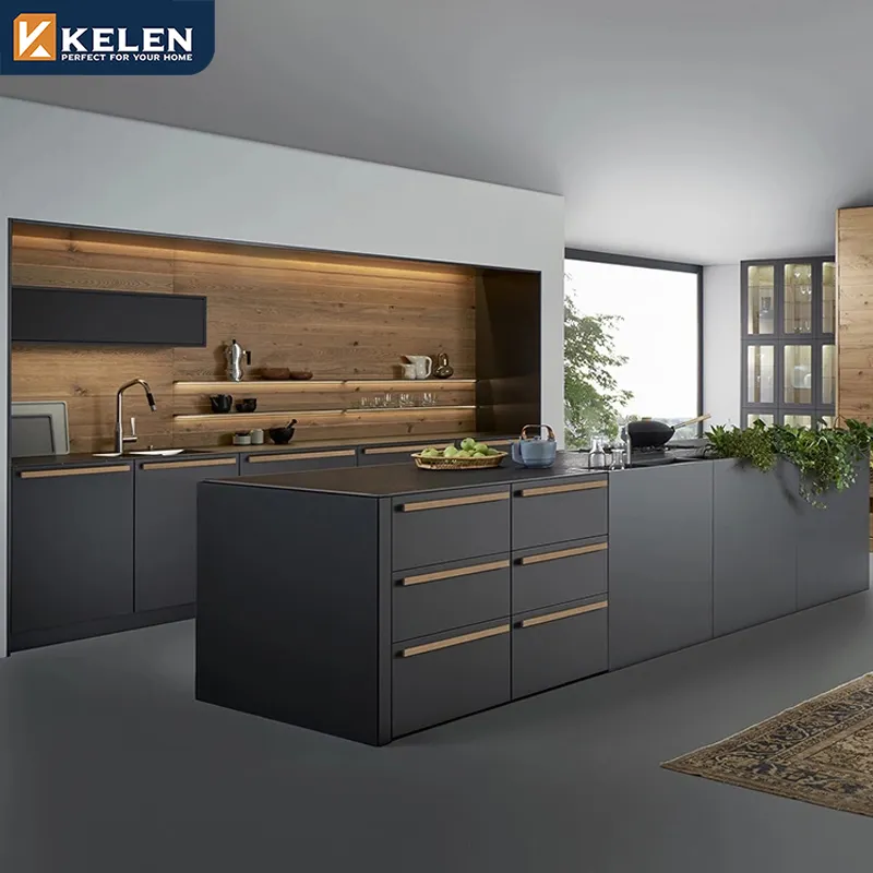 Kelen 2024 Fabricant de meubles intelligents Vente en gros d'armoires de cuisine laquées gris brillant Bois Moderne Acrylique Designs