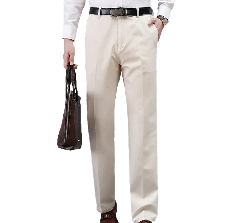 Pure Cotton Gentleman Loose Thick Casual High Waist Business Work Elastic Solid Color Men's Pants & Trousers