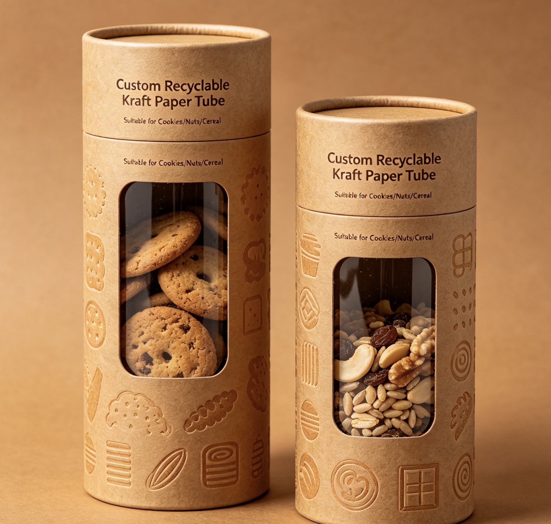 Multi-Size Custom Recyclable Kraft Paper Tube with Embossing for Daily Dry Snack Packaging