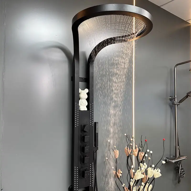Fashionable Black Brass Wall Mounted Multi function Shower Panel Bathroom Large Waterfall Rainfall Shower Set