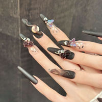 Faux ongles rétro artificiels, longs, forme stiletto, dégradé noir-marron, rose, faits à la main, à presser, avec motif serpent