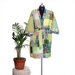 Nuevo Kimono Elegante de Verano para Mujer, Largo hasta la Rodilla, de Seda/Algodón Kantha - Product Image 1