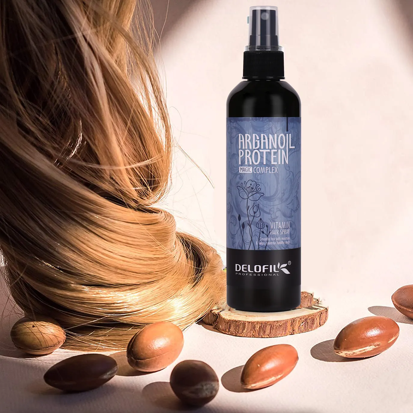 Delofil 260ml özel etiket bırakın-Argan yağı tedavisi güçlendirilmesi nemlendirici besleyici pürüzsüz saç ısı koruma sprey