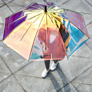 Parapluie automatique à long manche de style moderne coloré transparent épaissi Laser Rainbow Film 8K Ribs pour une publicité efficace - Product Image 1