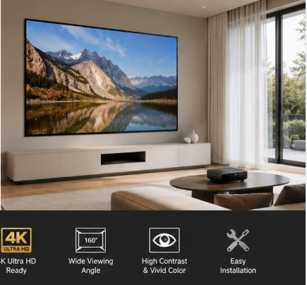 120 Inch 16:9 UST Fixed Frame ALR Projector Screen 4K 8K Anti-Light PVC High Contrast 160 View Angle Wall Mount Home Screen