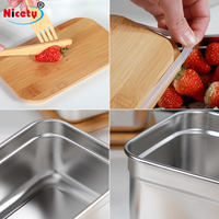 Boîte à bento en acier inoxydable avec anneau en silicone et couvercle en bambou, récipient de stockage alimentaire écologique et durable pour enfants