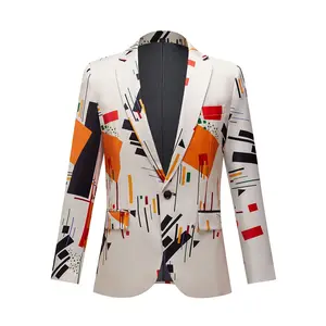 Men's Fashion Casual Slim Fit Blazer Red Orange Black Geometric Pattern Print Suit Coat Men Suit Jacket 2022 plus size US size