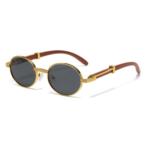 New Retro Faux Wood Grain Sunglasses UV400 Protection Men's Women's Trendy European American Fashion Oval Metal for Children - Product Image 6