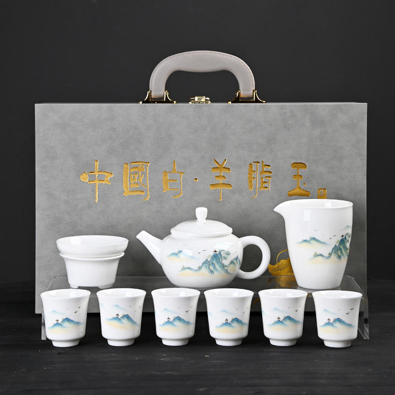 Tetera con inscripción de jade de grasa de cordero * Mil millas de ríos y montañas