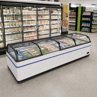 Congelador vertical de exhibición de alimentos congelados de 1100L, extra largo, con puerta corrediza de vidrio curvo, parte superior abierta, enfriamiento por ventilador, eficiente en la utilización de energía, para mariscos
