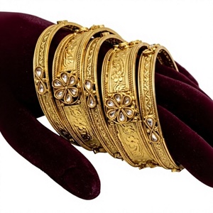 Radiant 24K <b>Gold</b> Plated <b>Bangle</b> Bracelets <b>Set</b> With Crystal Flower Design For Women Wedding Party Jewelry - Product Image 2