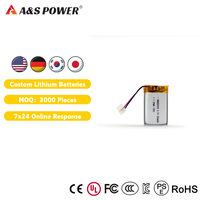 Baterai Lithium Polymer Kecil Berkualitas Tinggi Bersertifikasi UL1642/UN38.3/CE AS652030 3.7v 350mAh A&S Power 500+ Siklus Pengisian Ulang