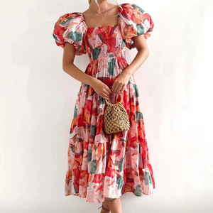 Vestidos de Fiesta de Diseño con Mangas Farol, Corte A, Cintura Alta, Hombros Rectos, Estampado Floral, Verano, Casual, Cuello en U, Elegante para Mujer - Product Image 1