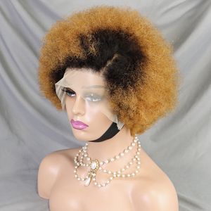 Perruques en <span class=keywords><strong>cheveux</strong></span> humains à dentelle frontale 13X4, bouclées crépues, courtes, <span class=keywords><strong>afro</strong></span>, bouclées crépues colorées, 4C, bordures crépues, pour femmes noires - Product Image 1