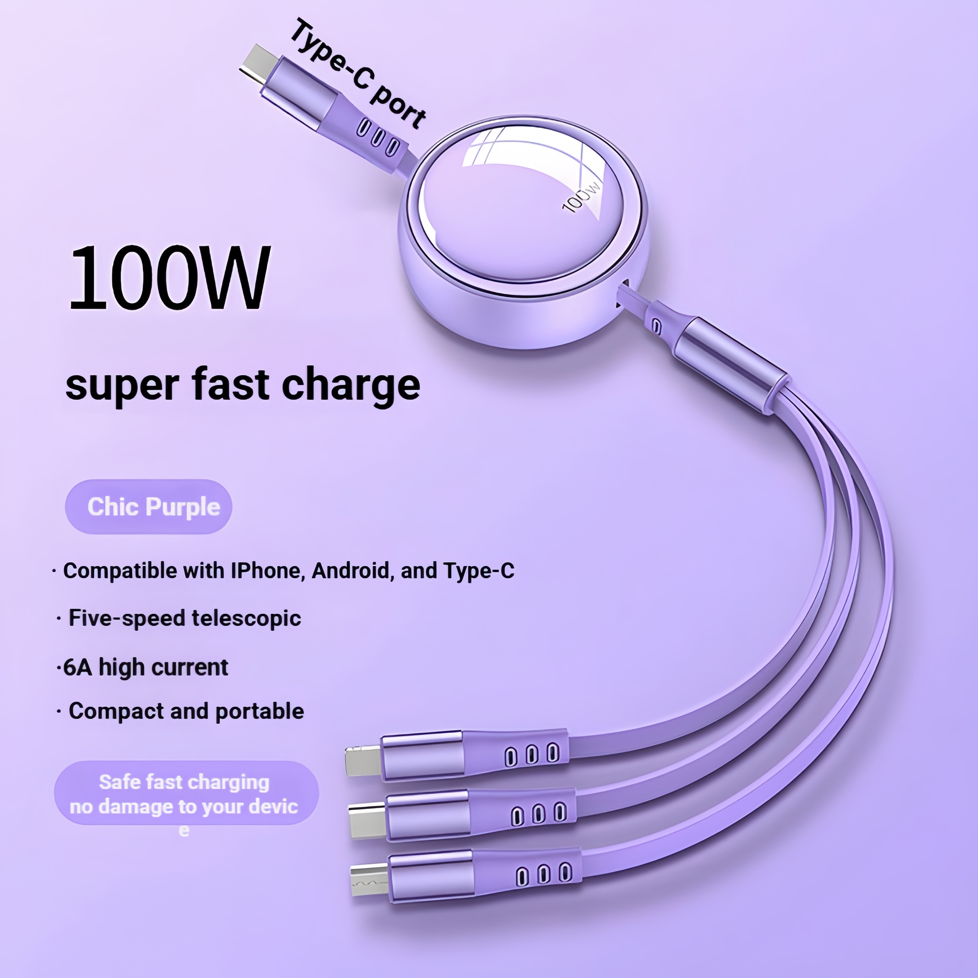 100W Tipo C 3 en 1 Púrpura