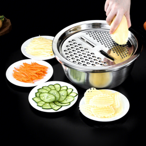 Stainless Steel Vegetable Cutter Set 3-Piece Grater Slicer Drain <b>Basket</b> Hand Wash Only for Fruit & Veggie Prep - Product Image 1