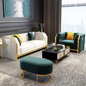 Modern döşemeli deri 3 adet kesit kanepe altın lüks high end chesterfield koltuk takımı oturma odası mobilya