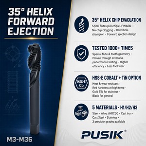 <span class=keywords><strong>Taraud</strong></span> de machine à cannelure spirale pour trous aveugles et profonds en acier inoxydable, résistant à l'usure, revêtu de TiCN, au cobalt M35, HSS-E, M2 6H, DIN371 DIN376 - Product Image 3