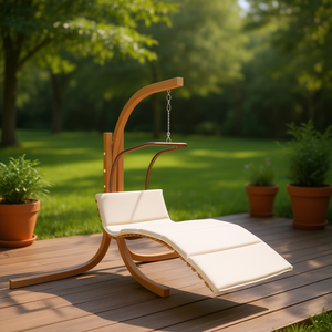 Cream Patio <b>Swing</b> Chair <b>Wood</b> Frame Cushioned <b>Seat</b> Outdoor Living Contemporary Design - Product Image 2