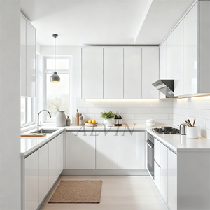 Mobili da <span class=keywords><strong>Cucina</strong></span> Bianchi Design Moderno Finitura Lucida Ecologici Ignifughi Sistema di Stoccaggio Personalizzato <span class=keywords><strong>Cucina</strong></span> in Compensato Durevole - Product Image 1