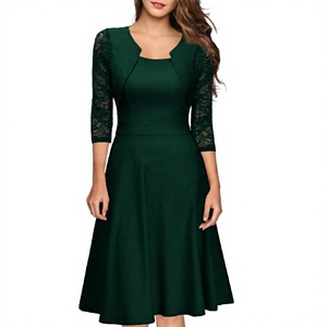 Robe mi-longue vert émeraude à manches courtes, col rond, coupe trapèze, décontractée, avec fermeture éclair au dos, pour le printemps/été, idéale pour le bureau ou les soirées, pour femme - Product Image 2