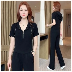 Women's Fashionable Sportswear Set Short Sleeve Wide Leg Pants Casual Two Piece Summer 2025 Slimming Elegant Polyester Knitted - Product Image 5