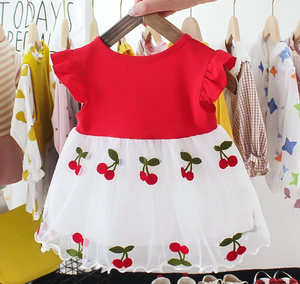 Vestito Estivo per Bambine con Maniche a Sbuffo, Abito Principessa in Tulle con Fiocco e Ricamo a Ciliegia - Product Image 4