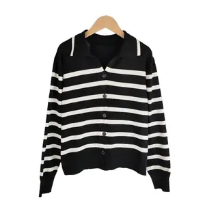 Autumn polo sweater long sleeve striped pattern casual fashion knitted cardigan for women