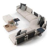 Set Meja dan Kursi Sofa Taman Apartemen Gaya Pastoral Bentuk L dari Kayu Jati Anti Air Modern Mewah untuk Luar Ruangan