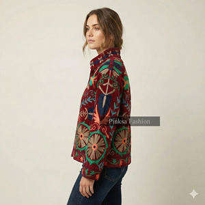 Chaqueta de Mujer de Lujo, Tejida en Terciopelo y Algodón, Estilo Suzani, Bordado Boho Hecho a Mano, Ecológica, Resistente al Viento, Inspiración Vintage Tropical - Product Image 2