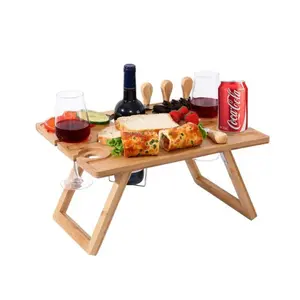 Draagbare Wijn Picknicktafel Opvouwbare Bamboe Snack Tafel Met Wijn Fles En Glas Houder