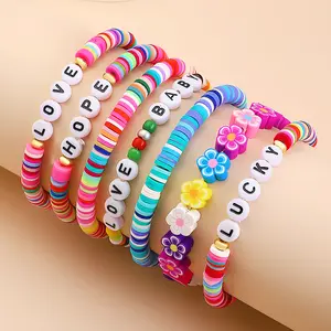 Friendship Custom Rainbow Colors Handmade 3MM Soft Polymer Clay Initial refills faceted Letter clay Ceramic Beads Bracelet Set