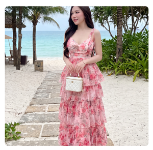 Robe longue maxi de vacances pour femme, imprimé floral aquarelle, sexy, sans manches, col plongeant, en mousseline de soie à plusieurs niveaux, coupe trapèze - Product Image 1