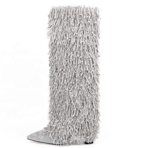 Big Size 45 Women's Winter Tassel Knee High Boots Suede Fringes Upper Chunky Heel Shoes Wide Fit <b>Long</b> Booties Custom - Product Image 2