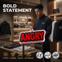 Porte-clés en acrylique personnalisé HanXin avec texte « Angry Text », imprimé UV, lettres rouges épaisses, breloque de sac, crochet, vente en gros, fournisseur d'usine