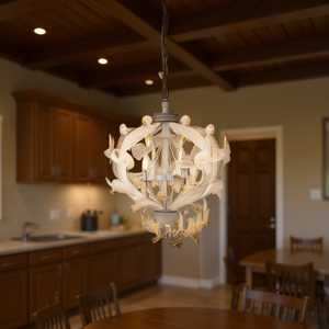 Adjustable 6-<b>Light</b> <b>Wood</b> Chandelier Hanging <b>Light</b> <b>Fixture</b> For Kitchen Dining Room Foyer Entryway Beige Round E26 Bulb Not - Product Image 2