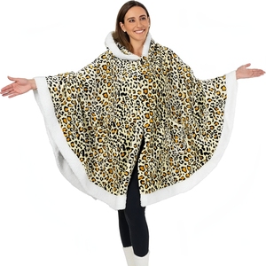 Poncho-couverture tricotée d'hiver pour <span class=keywords><strong>femme</strong></span>, douillette, 100 % polyester, en <span class=keywords><strong>polaire</strong></span> flanelle sherpa, anti-acariens, motif léopard, avec <span class=keywords><strong>capuche</strong></span> - Product Image 1