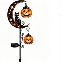 Décoration de jardin d'Halloween : Piquet lumineux Chat Noir, Citrouille et Lune - Décoration extérieure en métal et plastique pour jardin, patio, pelouse et allée